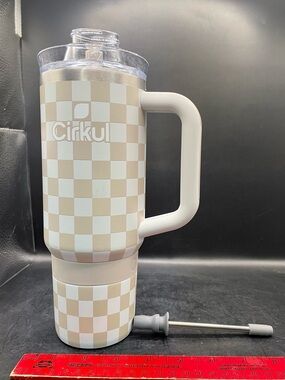 Cirkul 30 oz Insulated Stainless Steel Tumbler Tan White Checkered